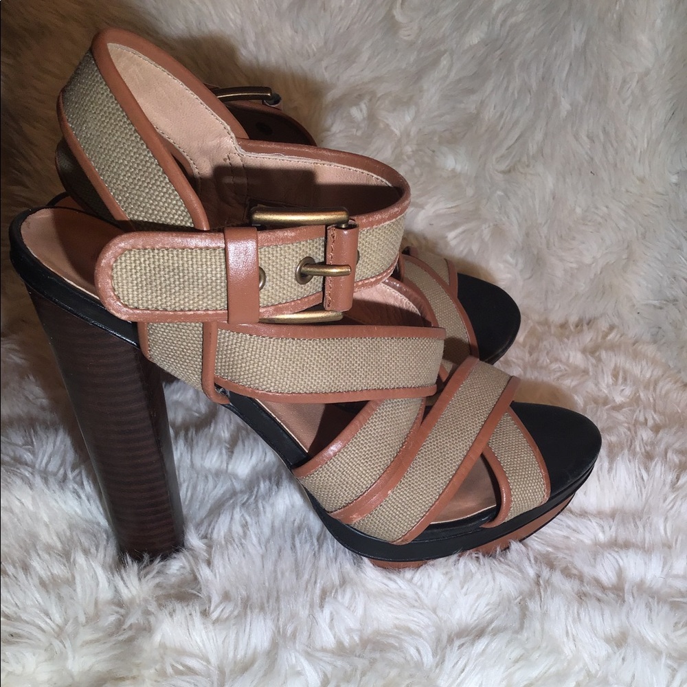 Ann Taylor Tan and Black Strappy Platform Heels